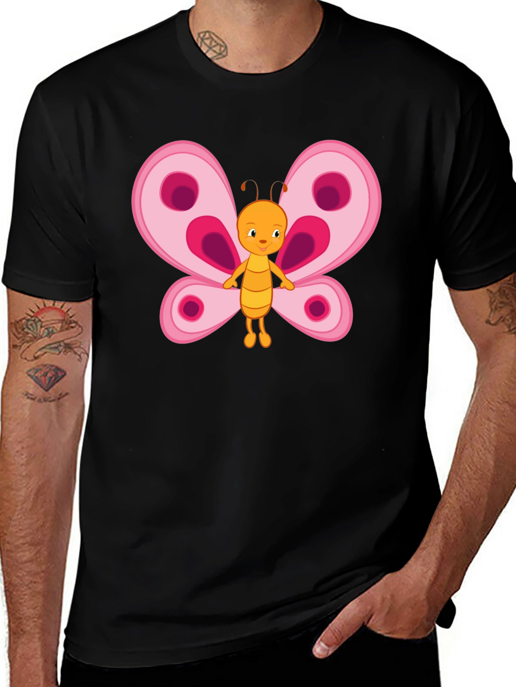 Butterfly Cartoon Black T-Shirt