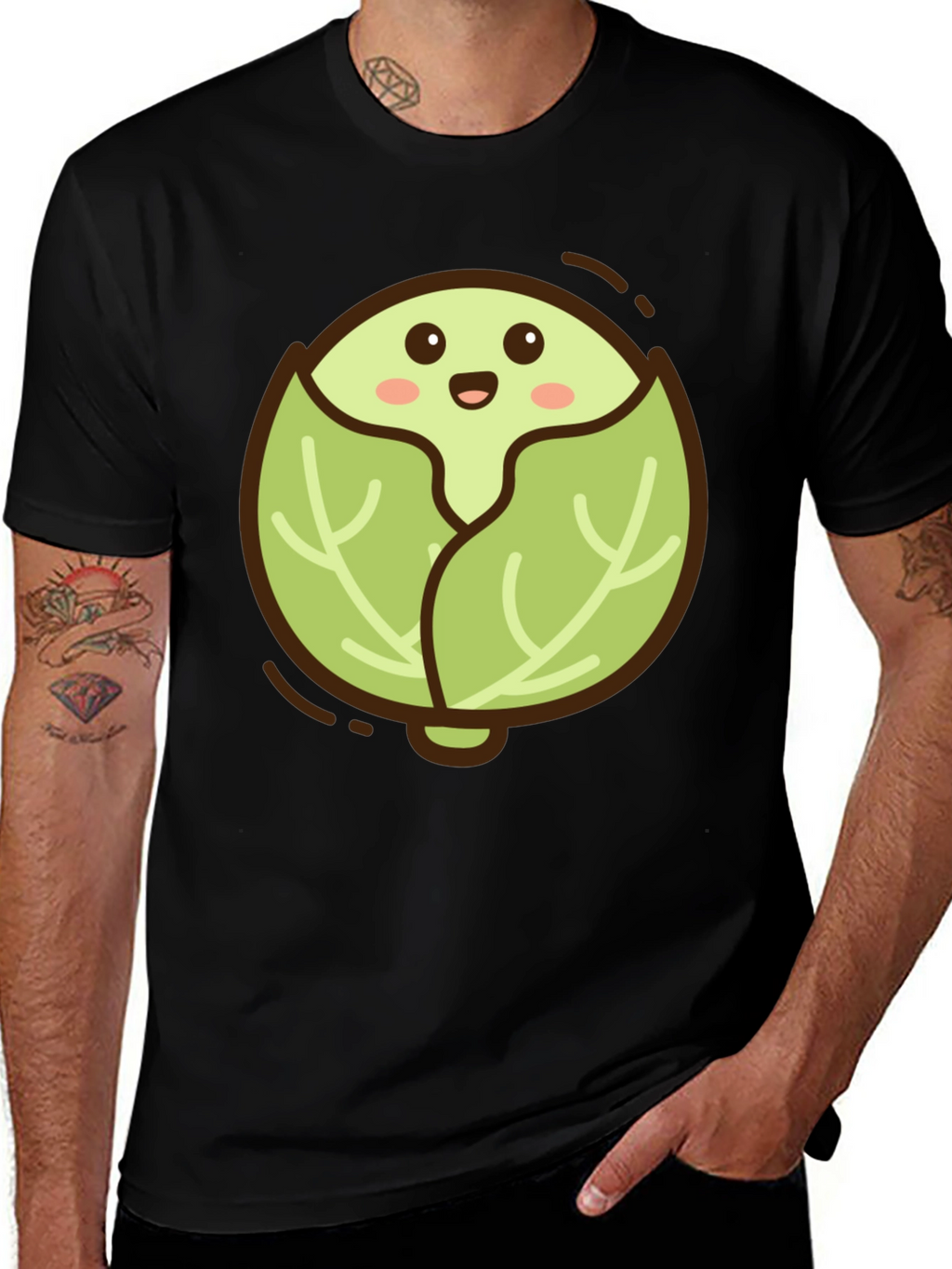 Cute Cabbage Cartoon Graphic Tee - Black