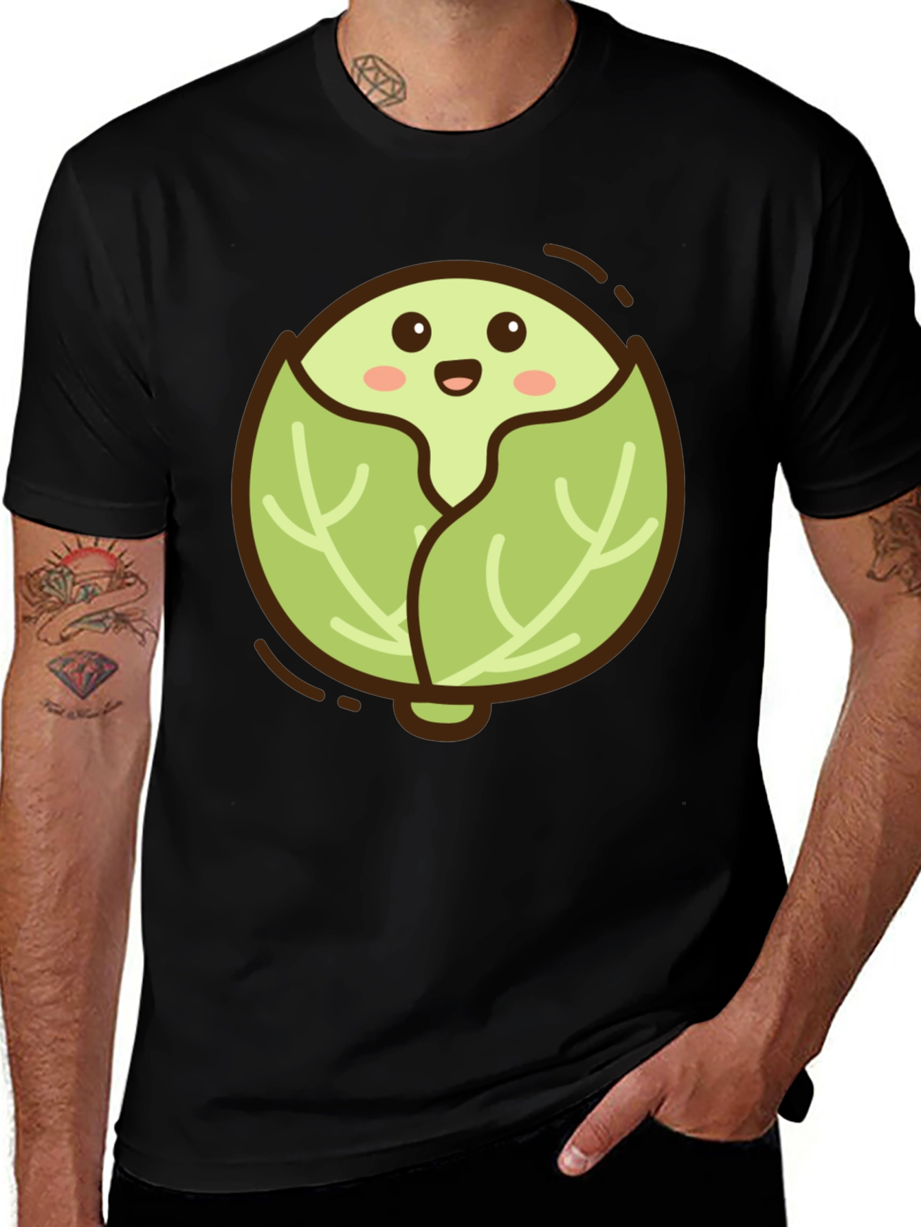 Cute Cabbage Cartoon Graphic Tee - Black