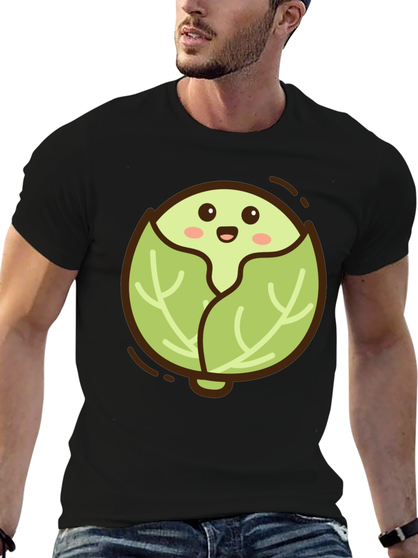 Cute Cabbage Cartoon Graphic Tee - Black