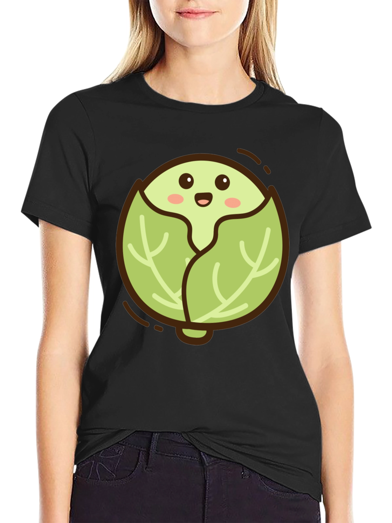 Cute Cabbage Cartoon Graphic Tee - Black