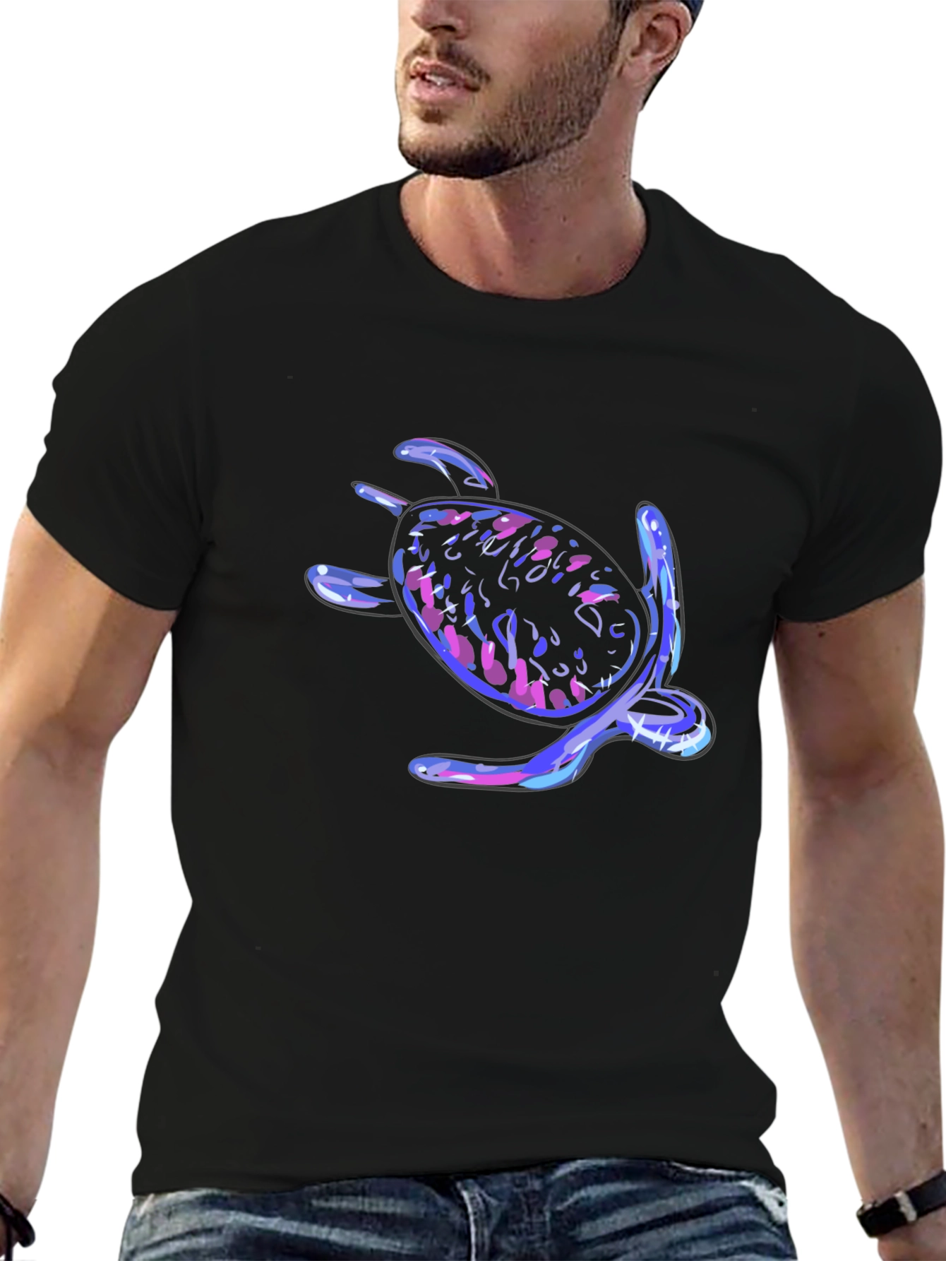 Neon Turtle Graphic Tee - Black Cotton Casual T-Shirt