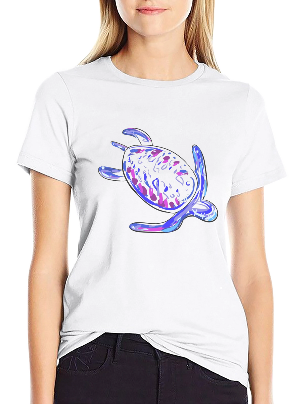 Neon Turtle Graphic Tee - Black Cotton Casual T-Shirt