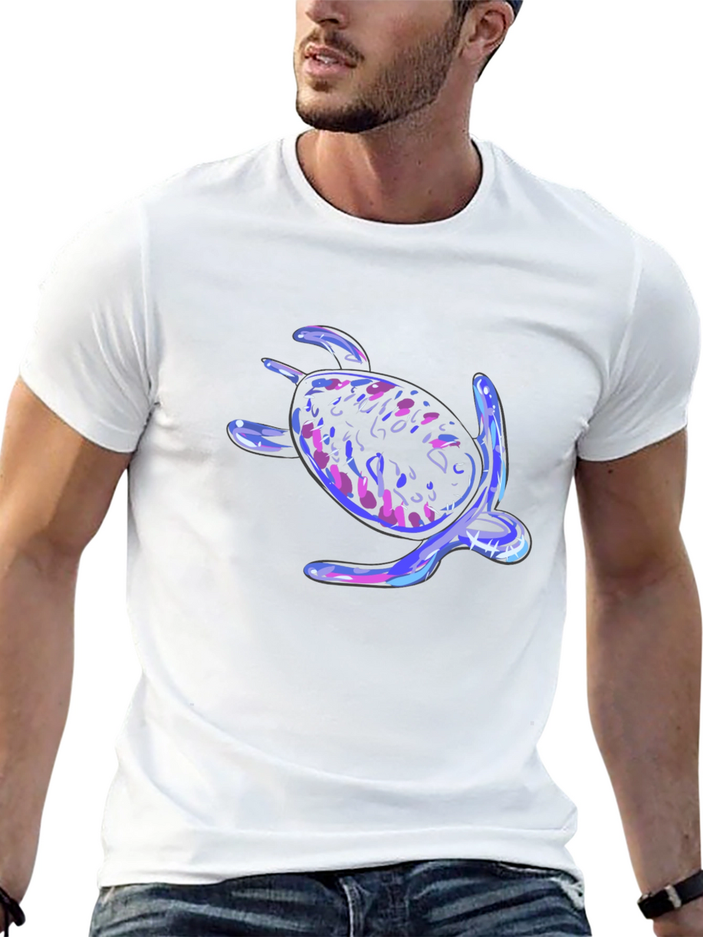 Neon Turtle Graphic Tee - Black Cotton Casual T-Shirt