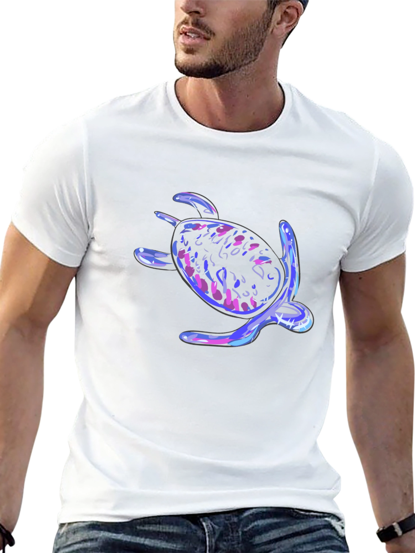 Neon Turtle Graphic Tee - Black Cotton Casual T-Shirt
