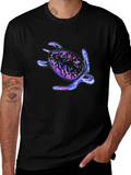 Neon Turtle Graphic Tee - Black Cotton Casual T-Shirt