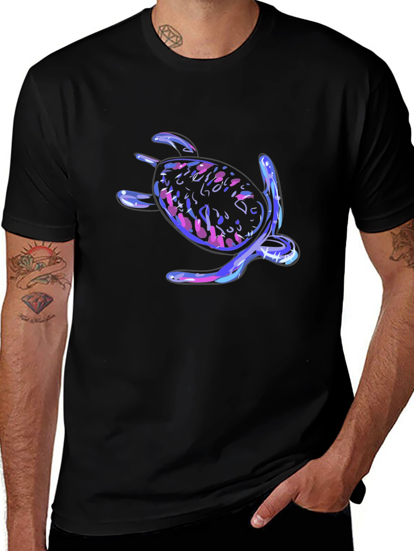Neon Turtle Graphic Tee - Black Cotton Casual T-Shirt