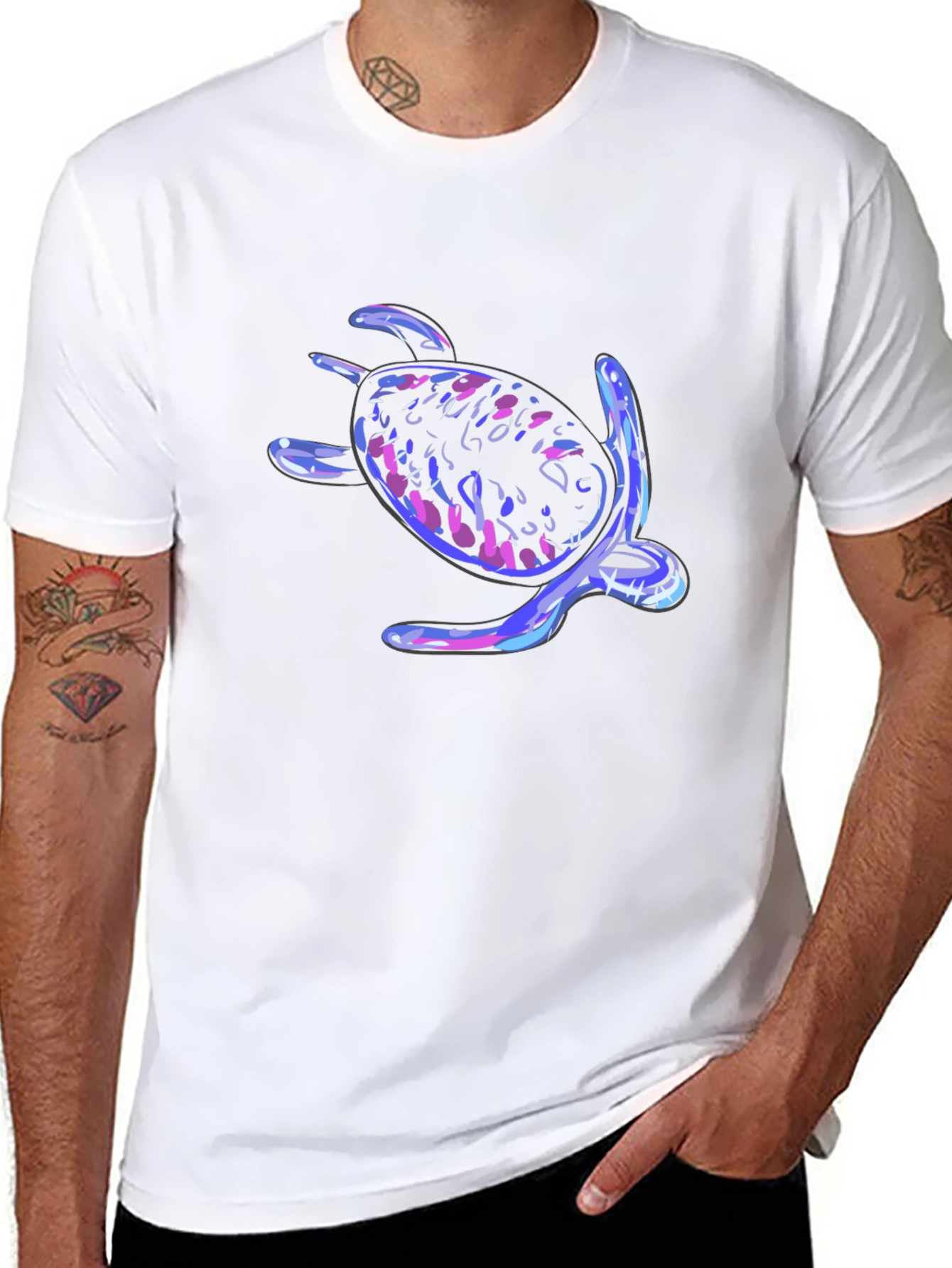 Neon Turtle Graphic Tee - Black Cotton Casual T-Shirt