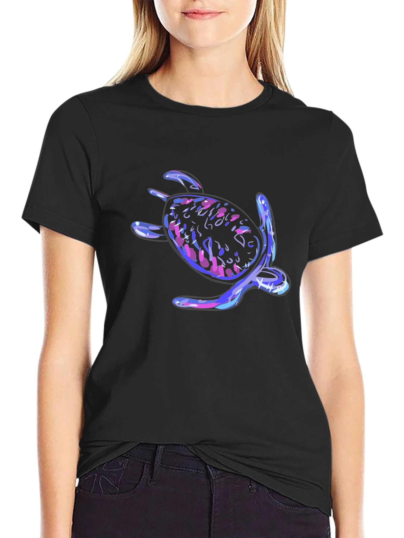 Neon Turtle Graphic Tee - Black Cotton Casual T-Shirt