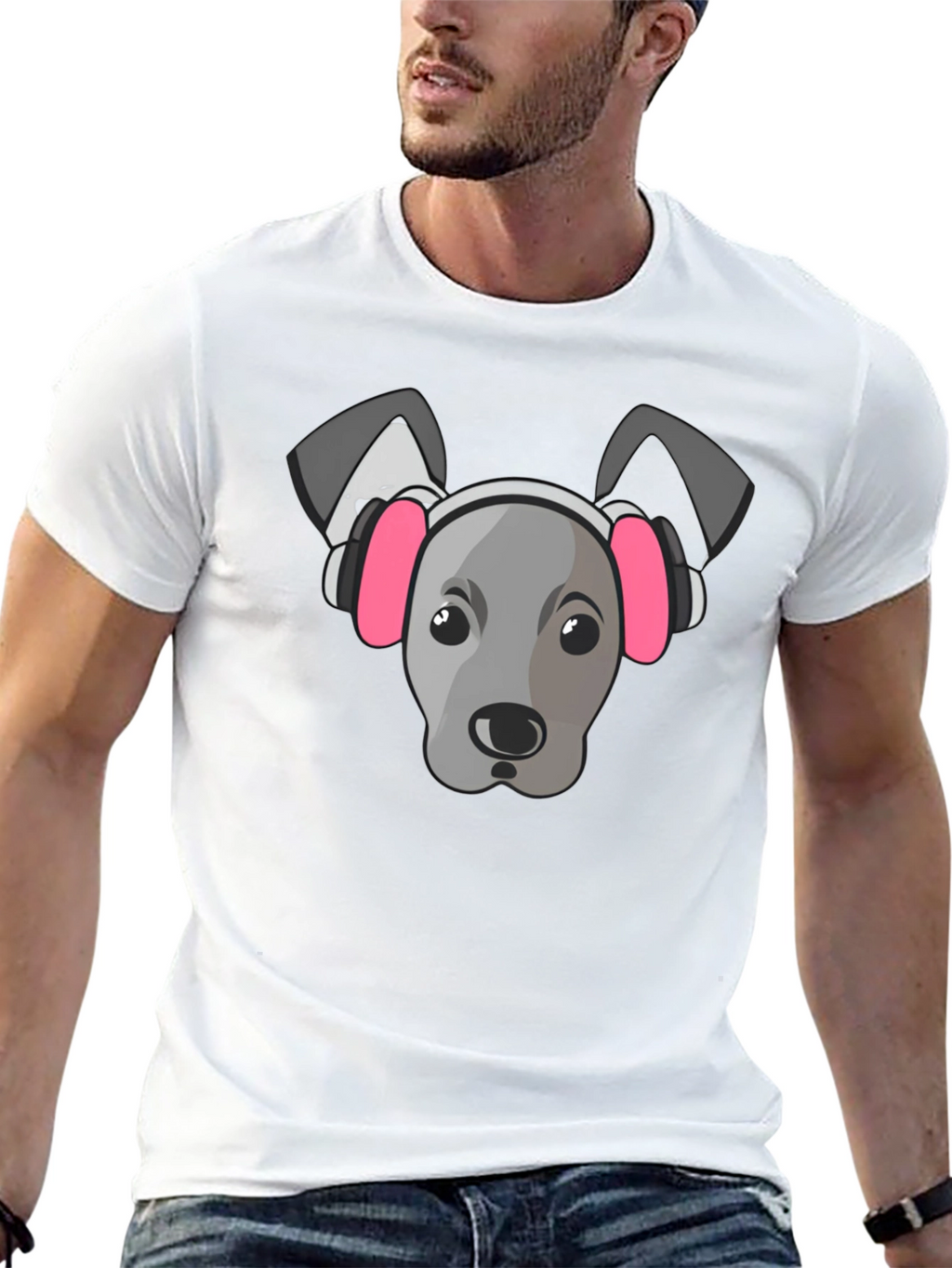 Dog with Headphones Graphic Tee - Black