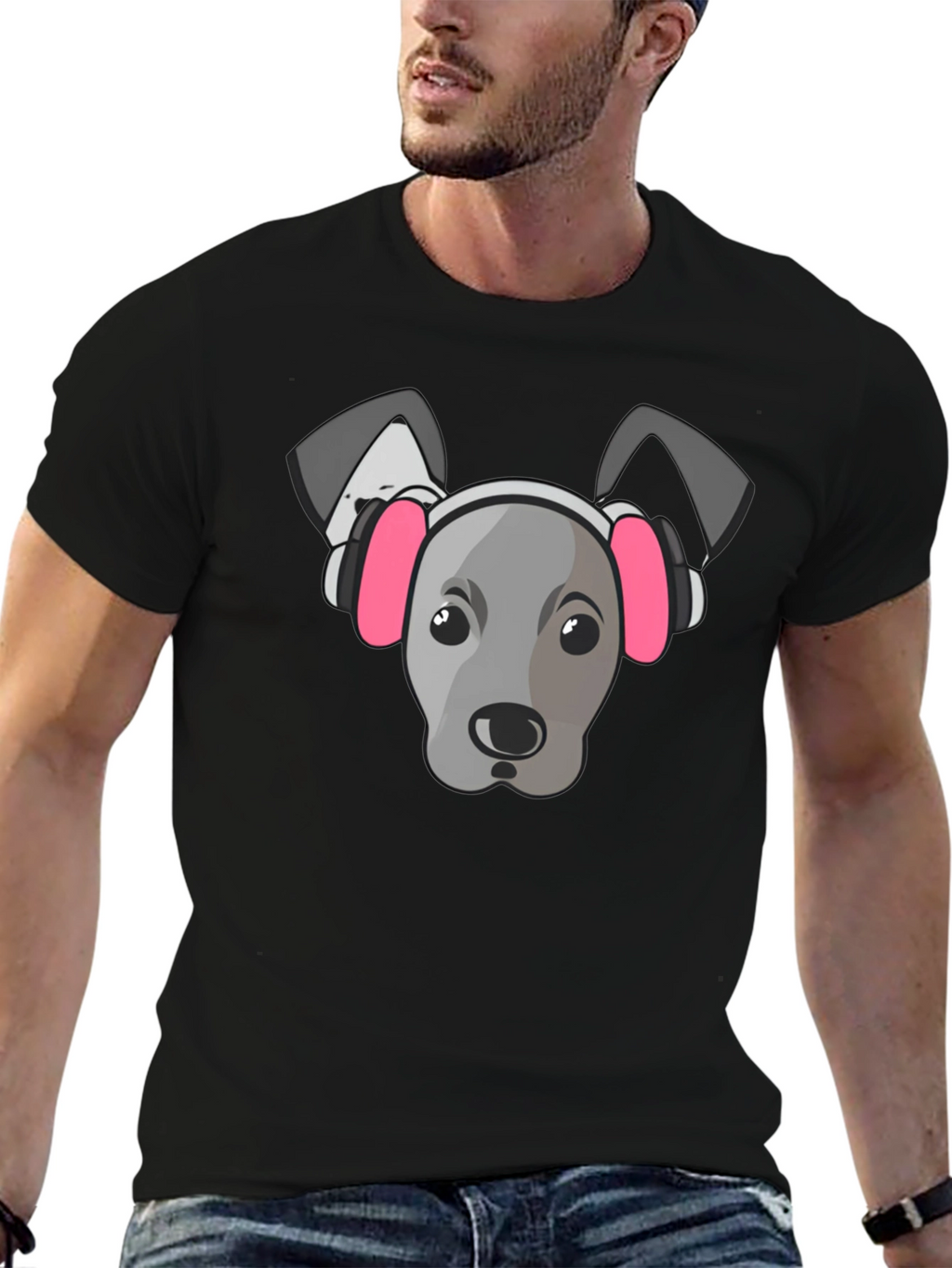 Dog with Headphones Graphic Tee - Black