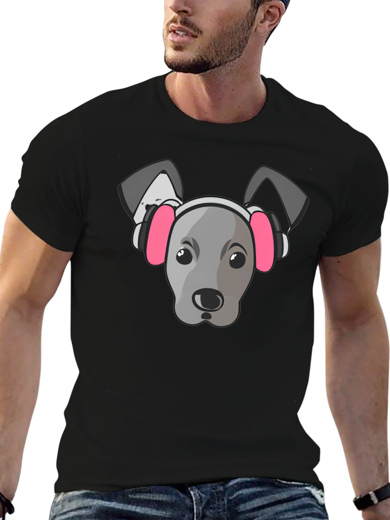 Dog with Headphones Graphic Tee - Black