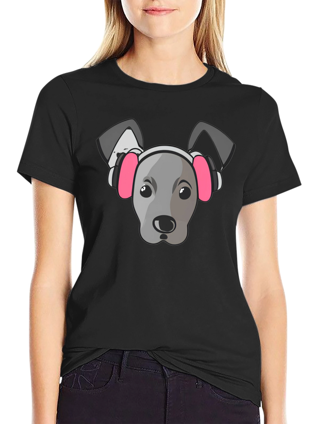 Dog with Headphones Graphic Tee - Black