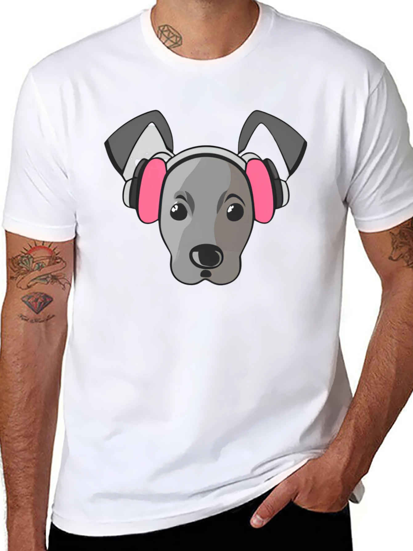 Dog with Headphones Graphic Tee - Black