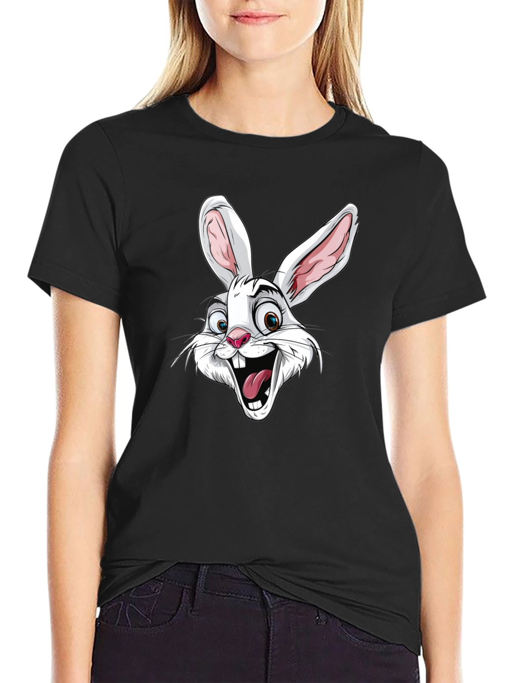 Cartoon Rabbit Graphic T-Shirt - Black Cotton Tee