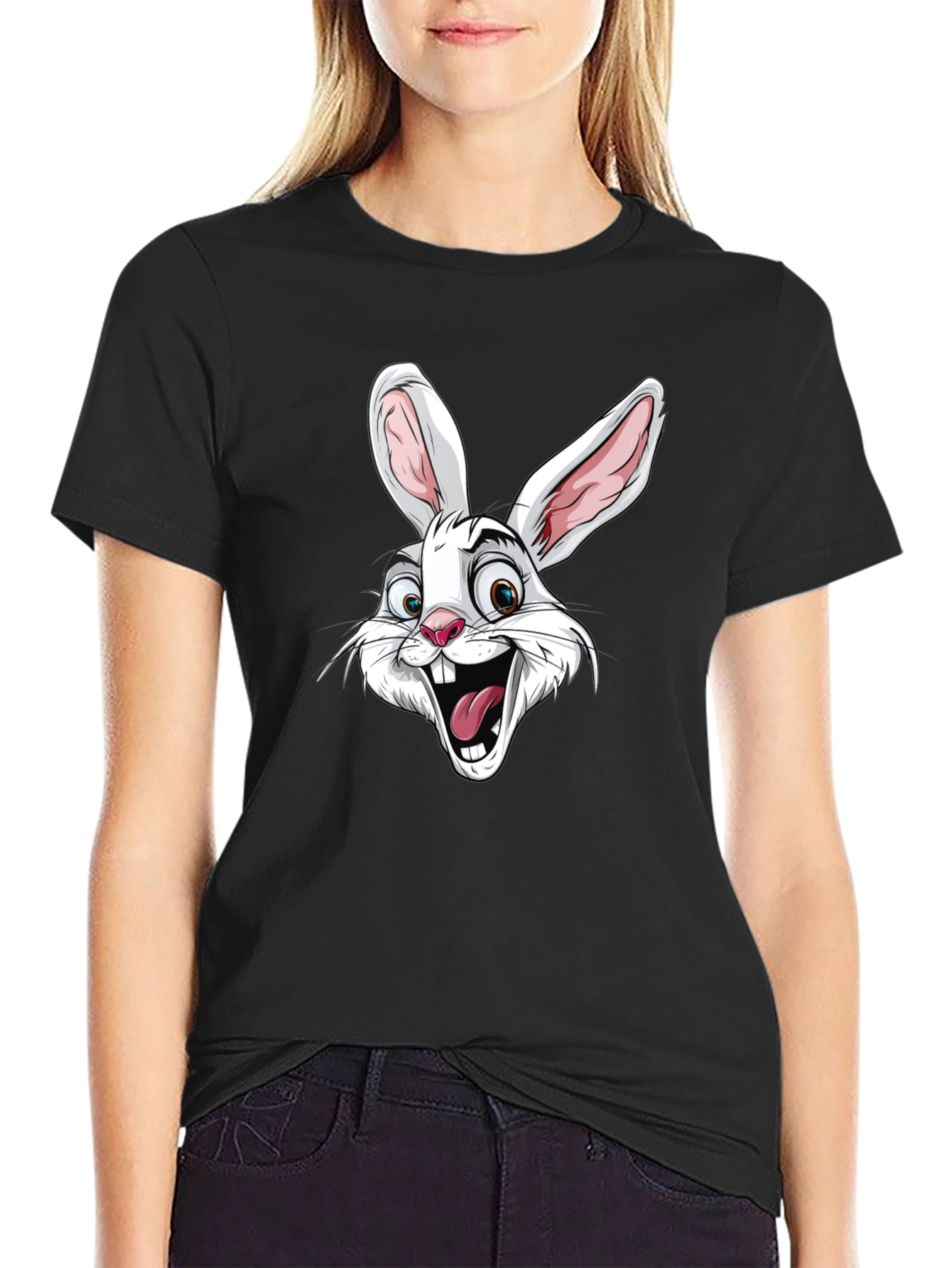 Cartoon Rabbit Graphic T-Shirt - Black Cotton Tee