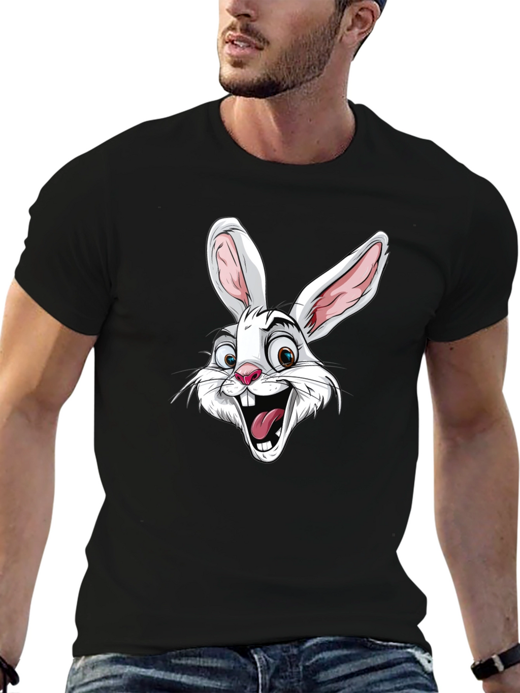 Cartoon Rabbit Graphic T-Shirt - Black Cotton Tee