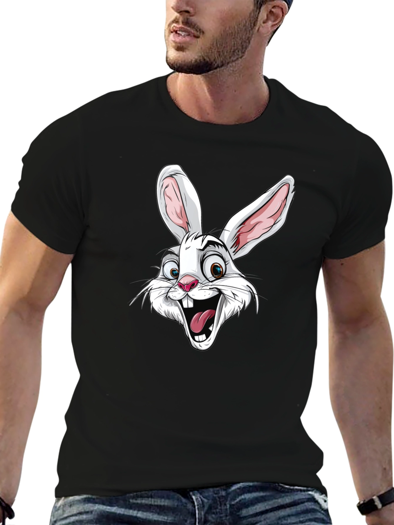 Cartoon Rabbit Graphic T-Shirt - Black Cotton Tee