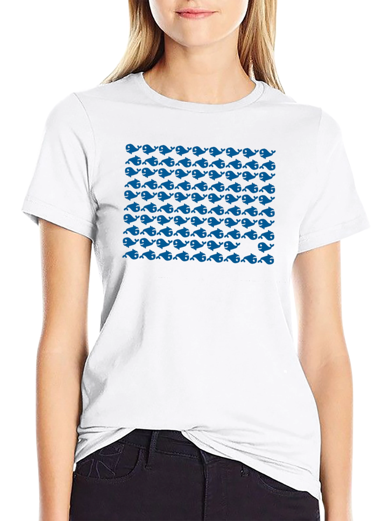 Blue Whale Pattern Black T-Shirt