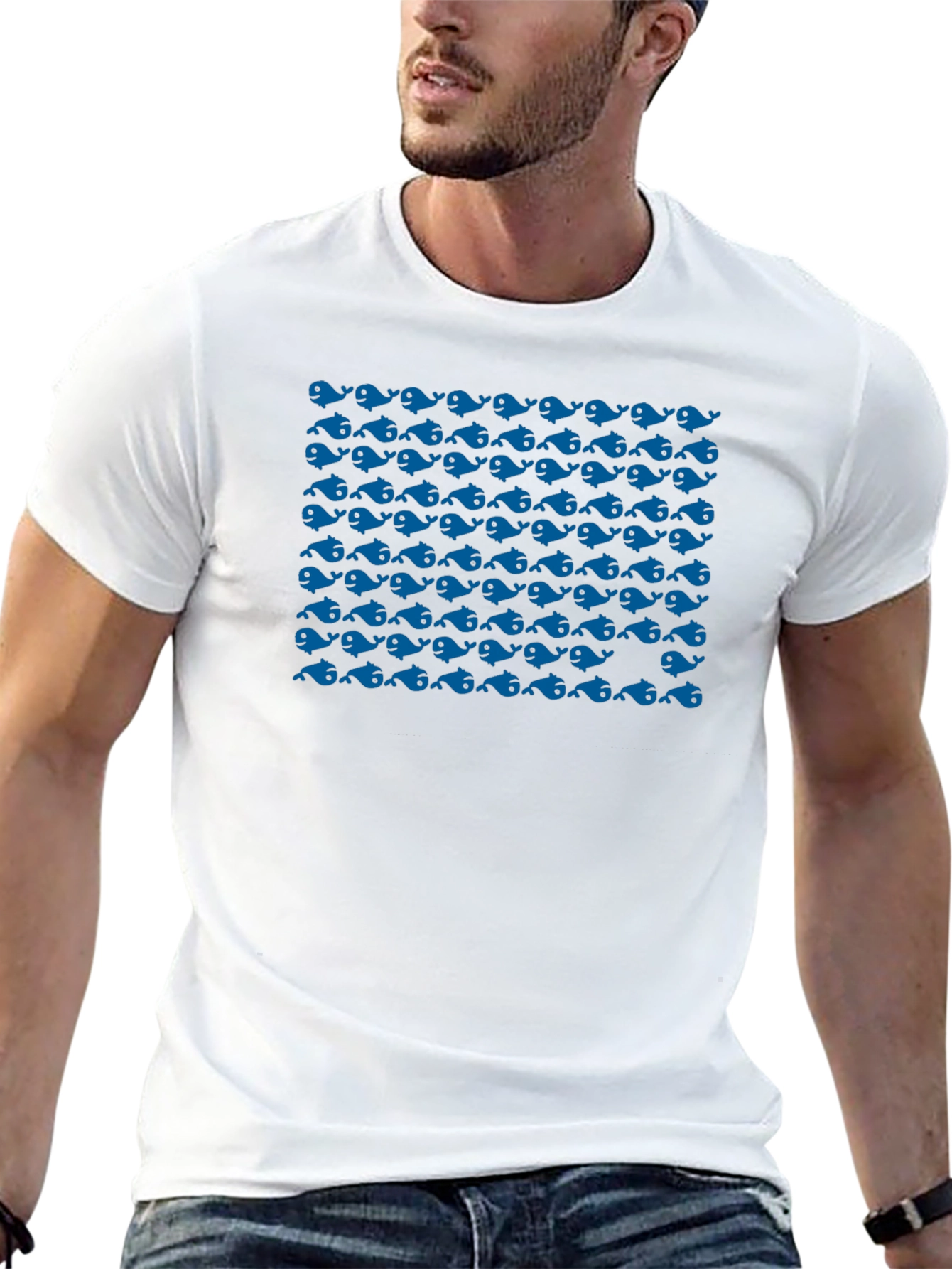 Blue Whale Pattern Black T-Shirt