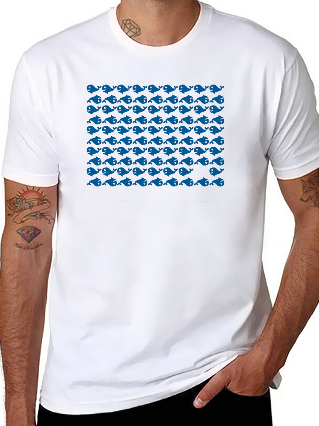 Blue Whale Pattern Black T-Shirt