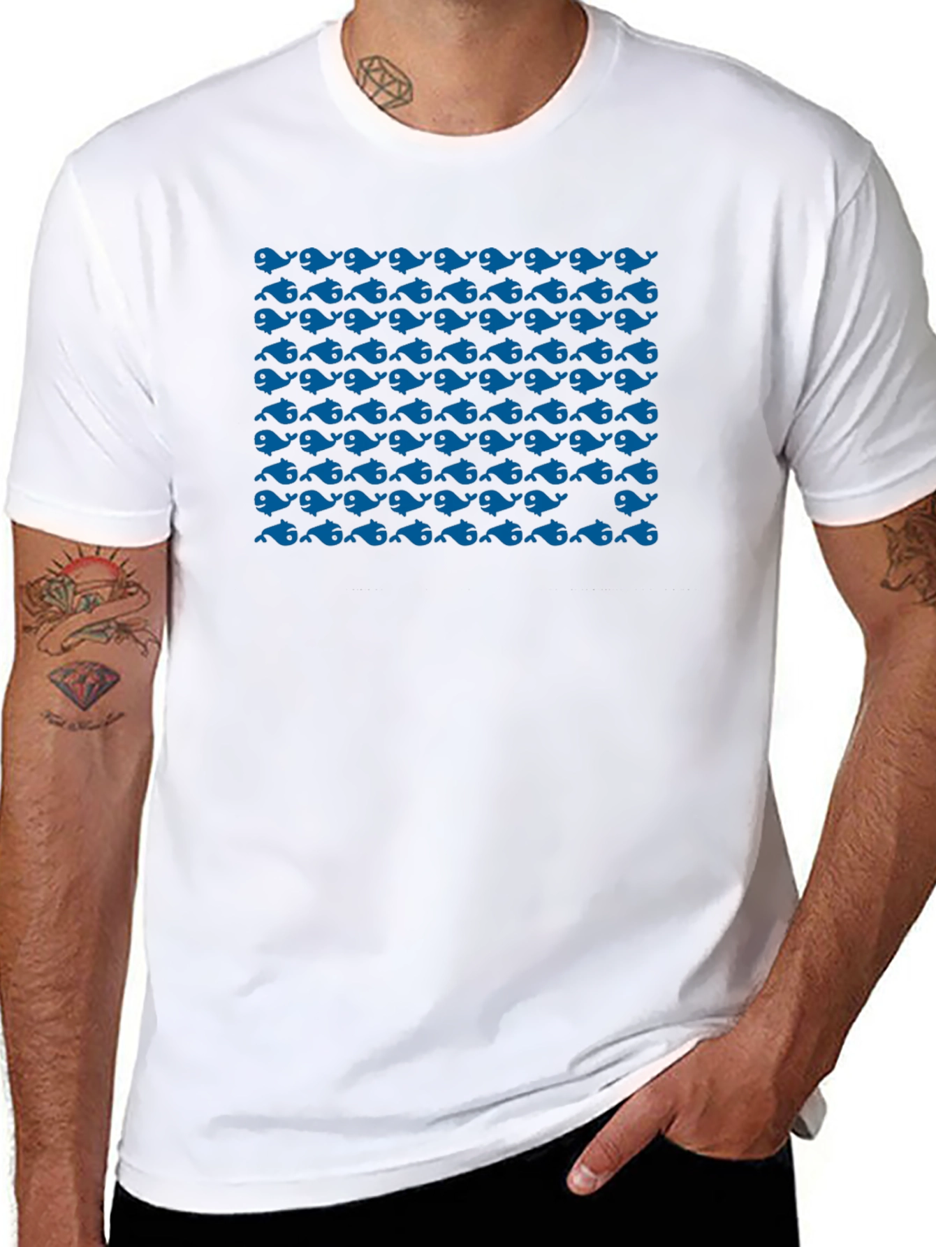 Blue Whale Pattern Black T-Shirt
