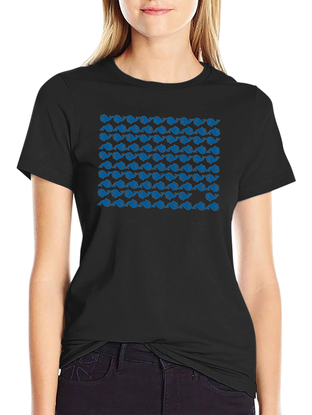 Blue Whale Pattern Black T-Shirt