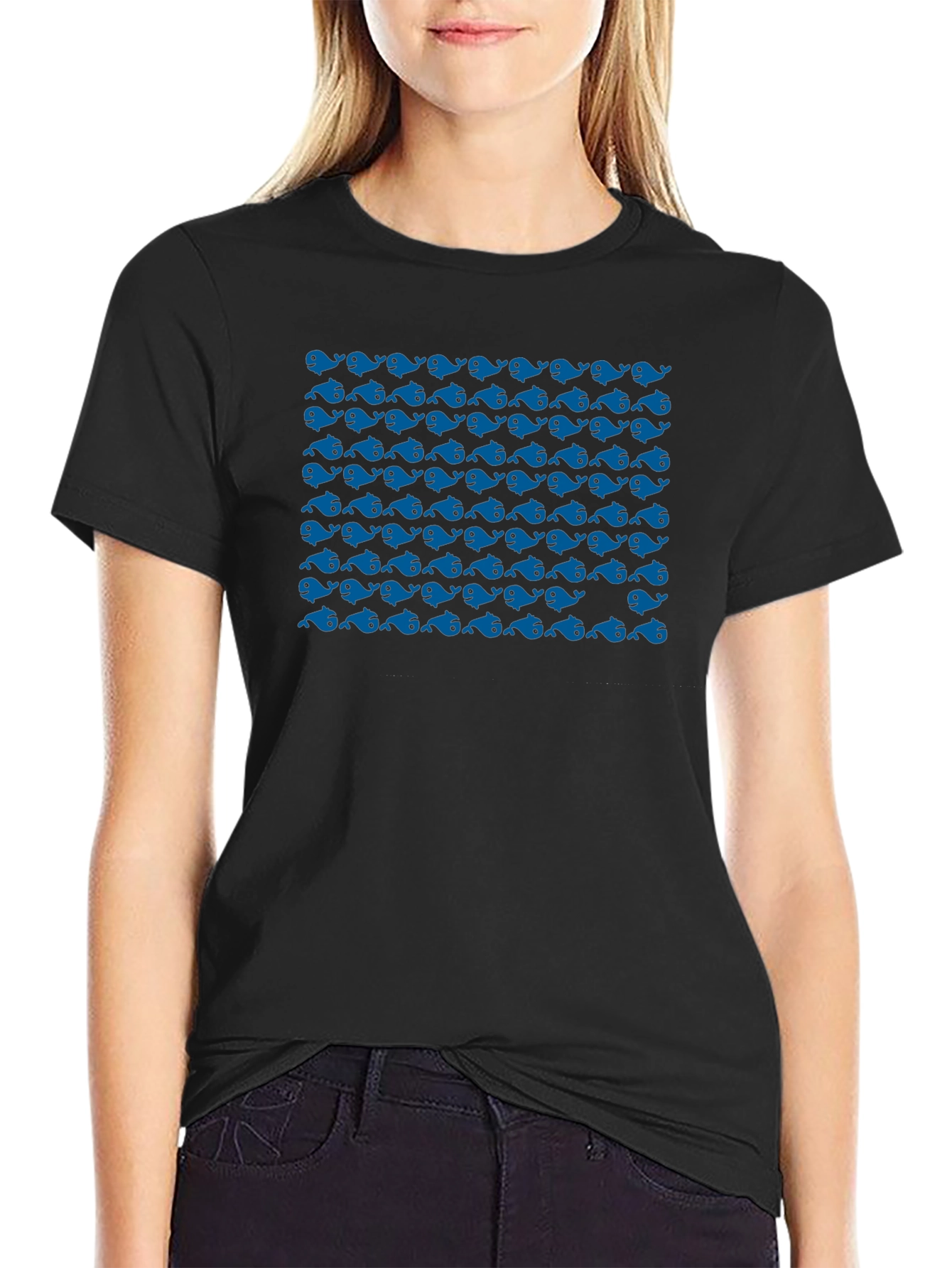 Blue Whale Pattern Black T-Shirt