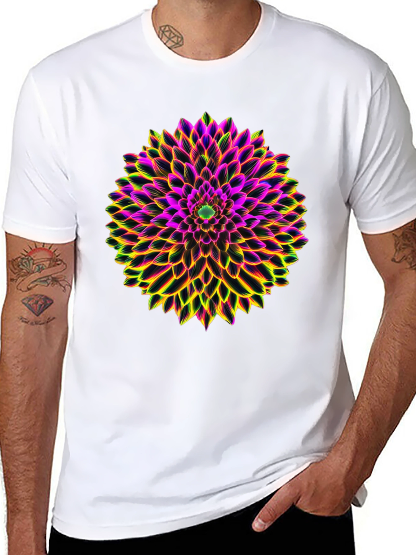 Neon Floral Print Black T-Shirt
