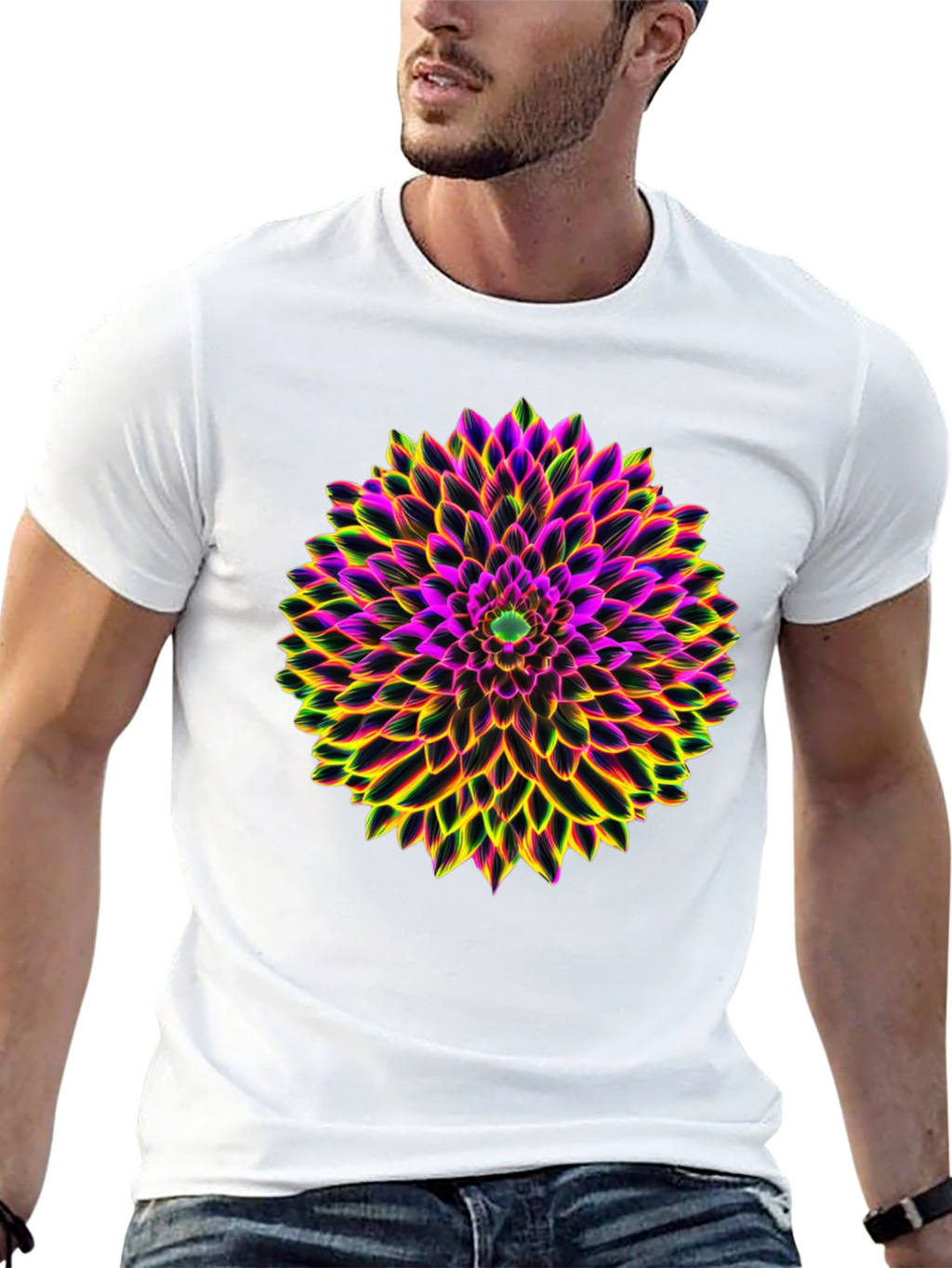 Neon Floral Print Black T-Shirt