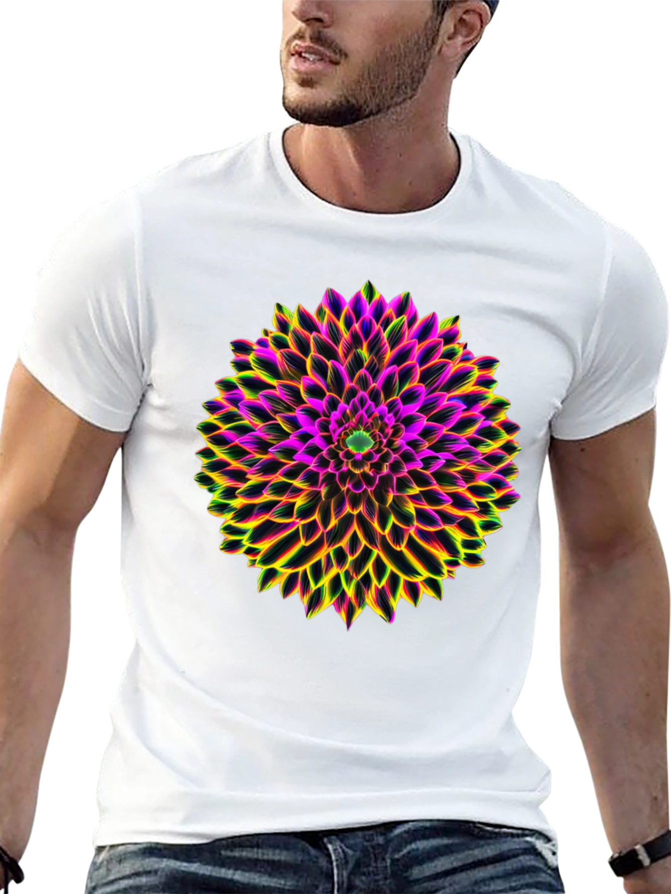 Neon Floral Print Black T-Shirt