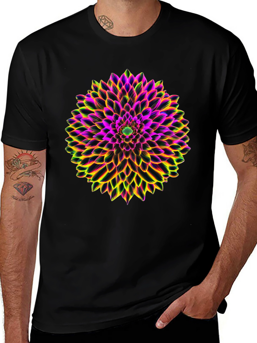 Neon Floral Print Black T-Shirt