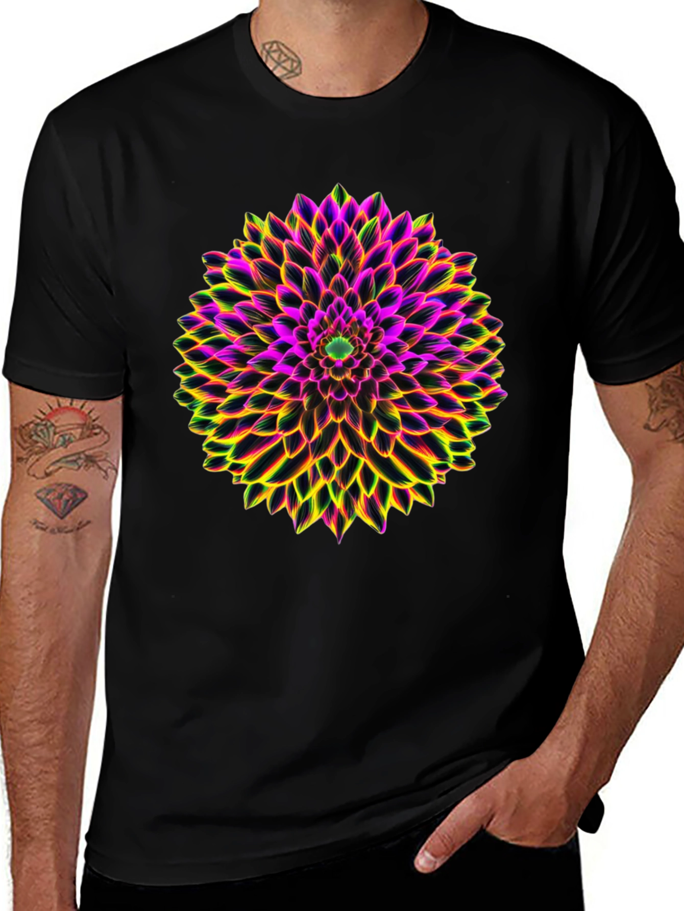 Neon Floral Print Black T-Shirt