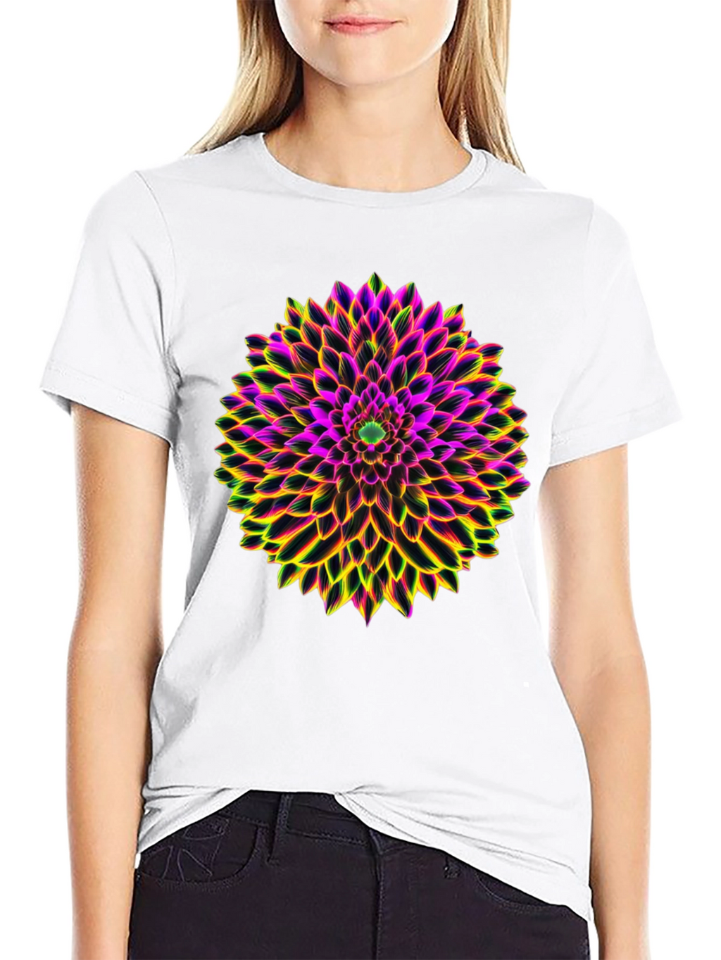 Neon Floral Print Black T-Shirt