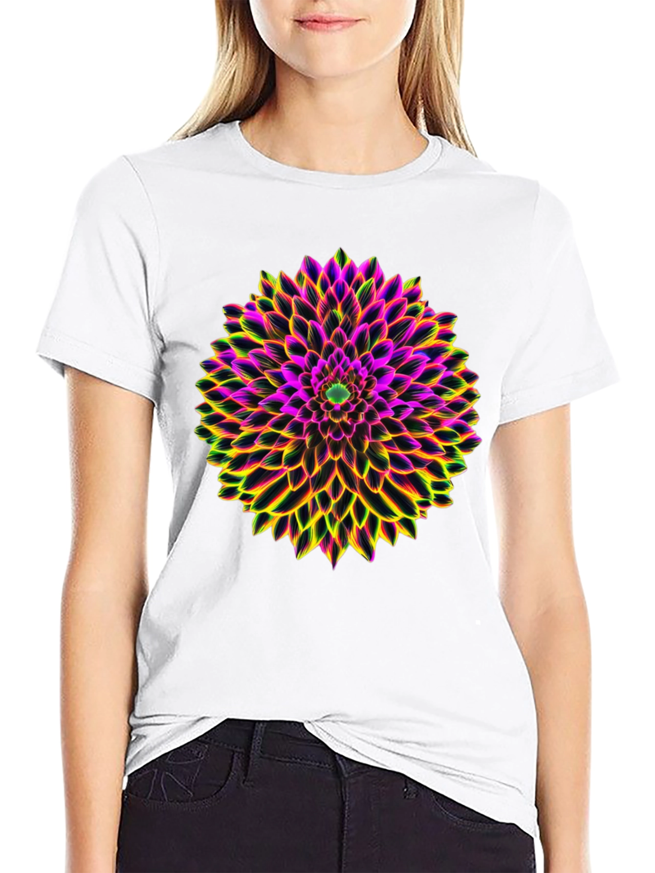 Neon Floral Print Black T-Shirt