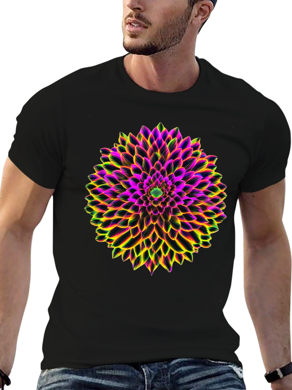 Neon Floral Print Black T-Shirt