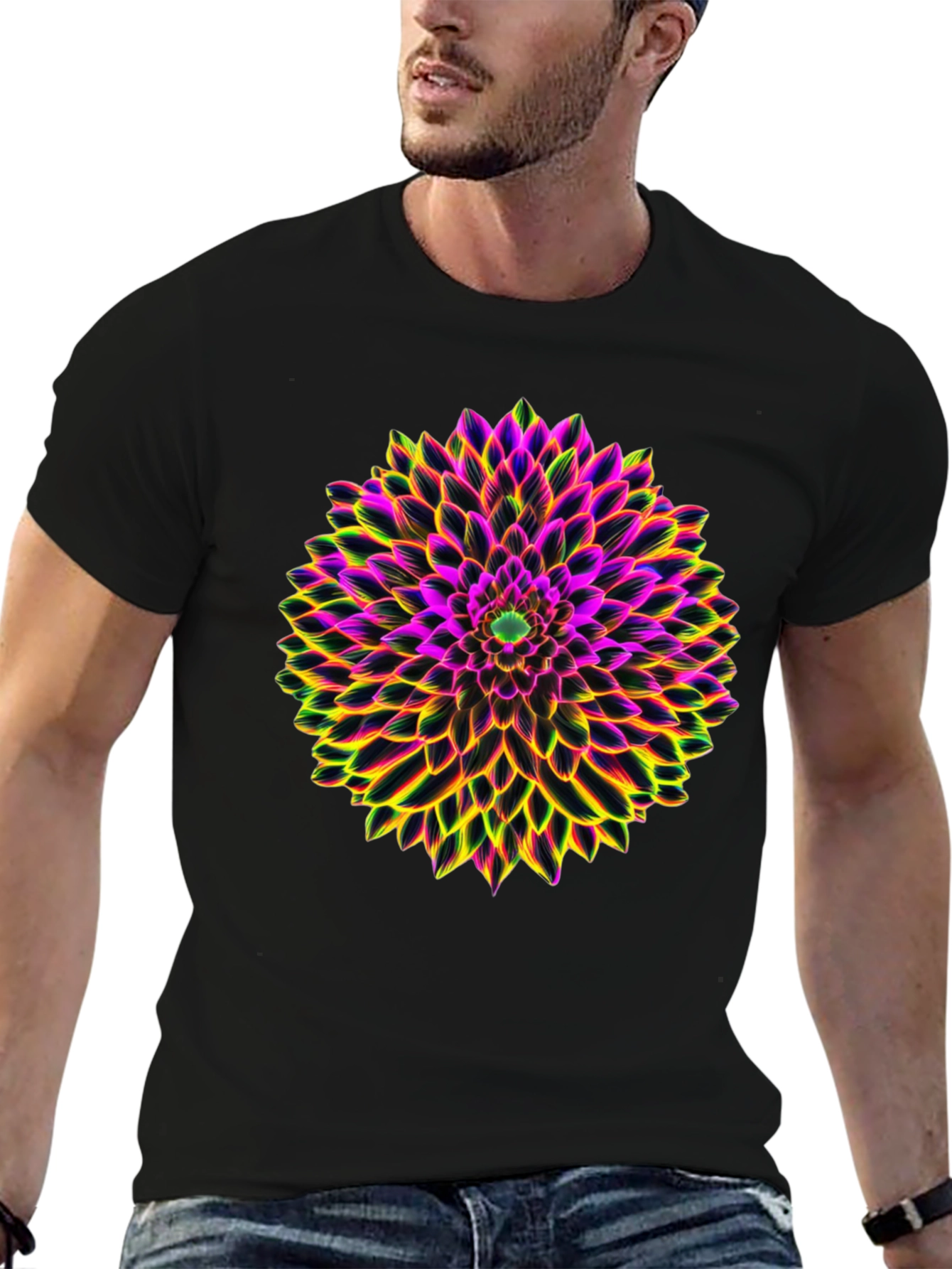 Neon Floral Print Black T-Shirt