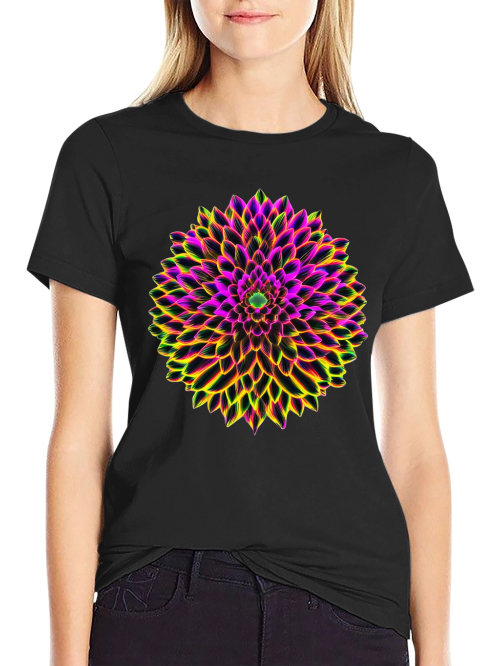 Neon Floral Print Black T-Shirt