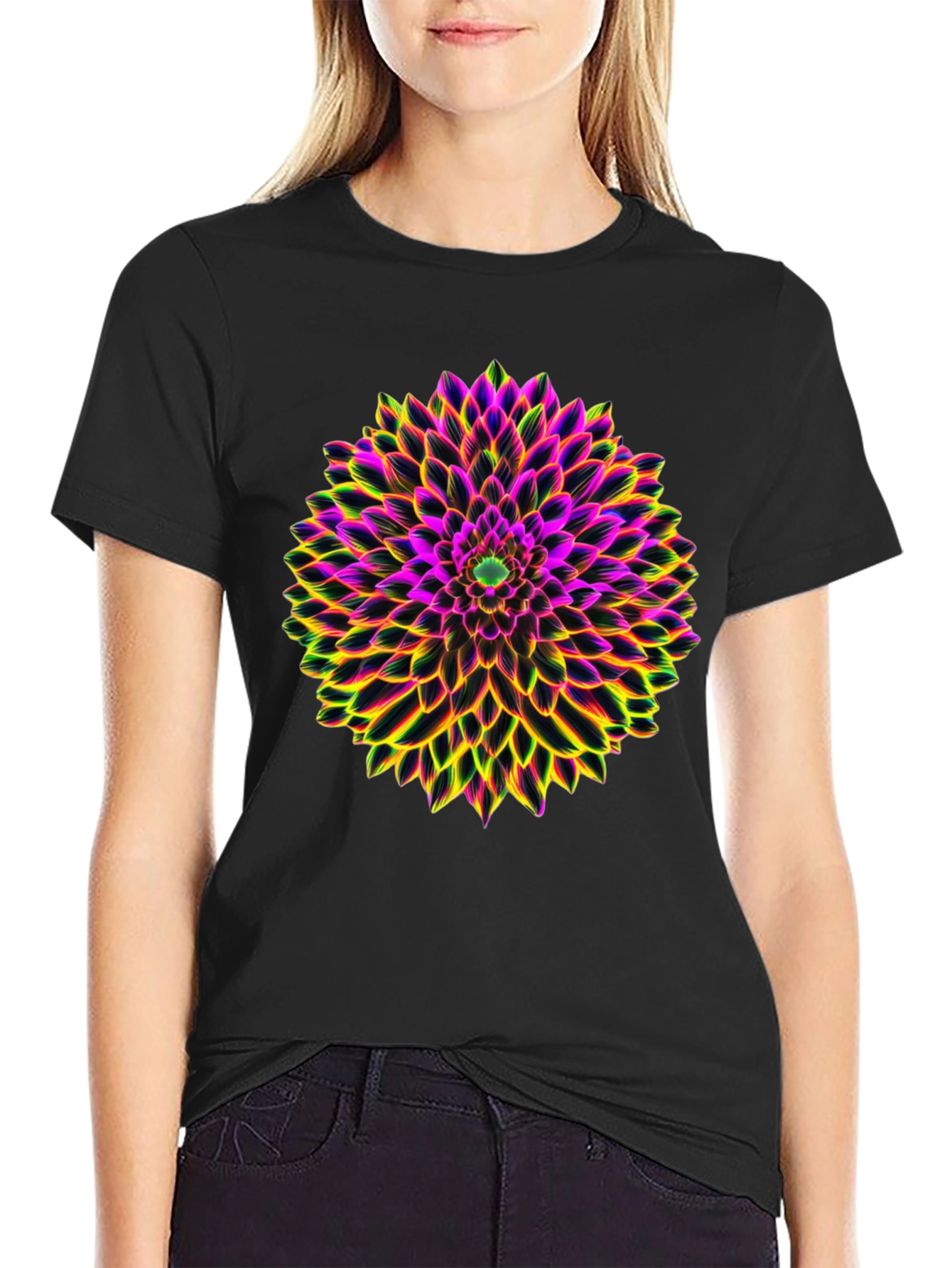 Neon Floral Print Black T-Shirt