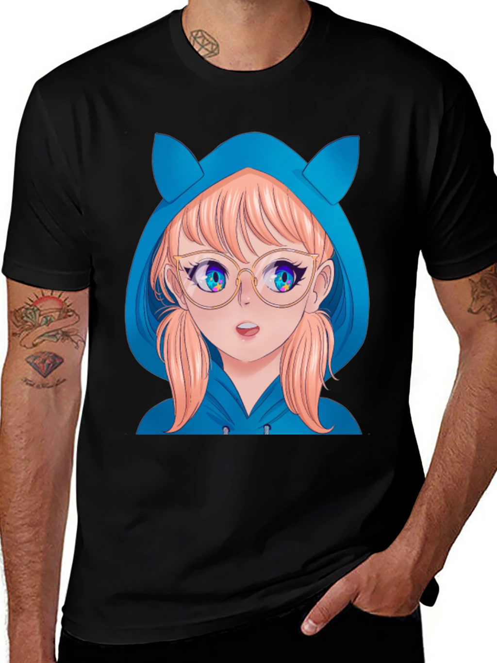 Anime Girl Hoodie T-Shirt - Black