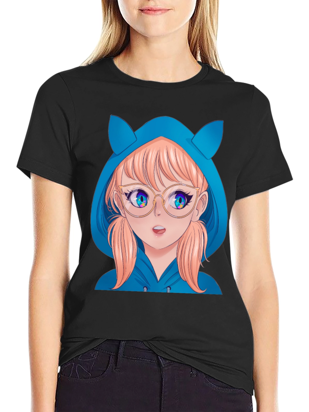 Anime Girl Hoodie T-Shirt - Black