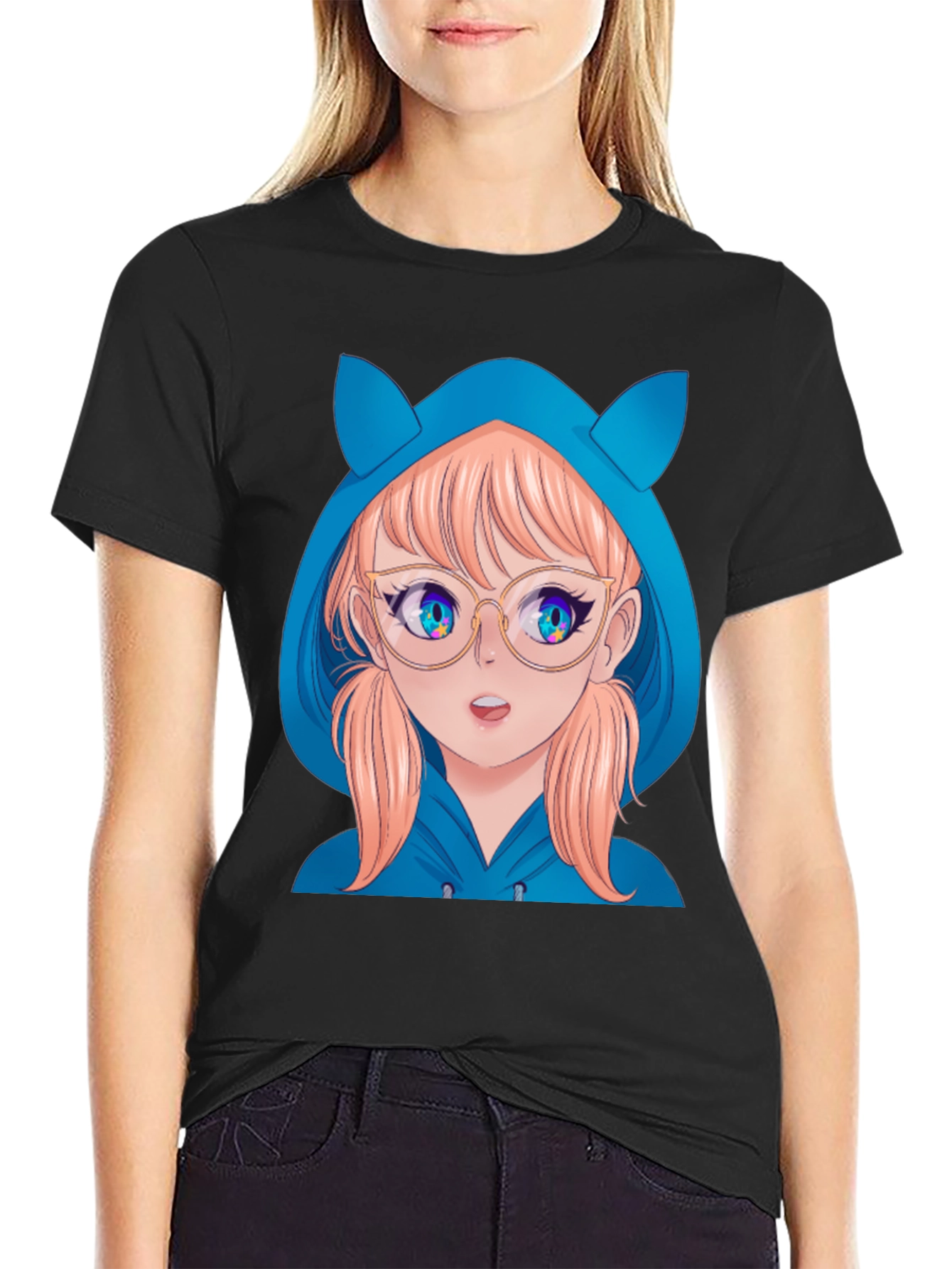 Anime Girl Hoodie T-Shirt - Black