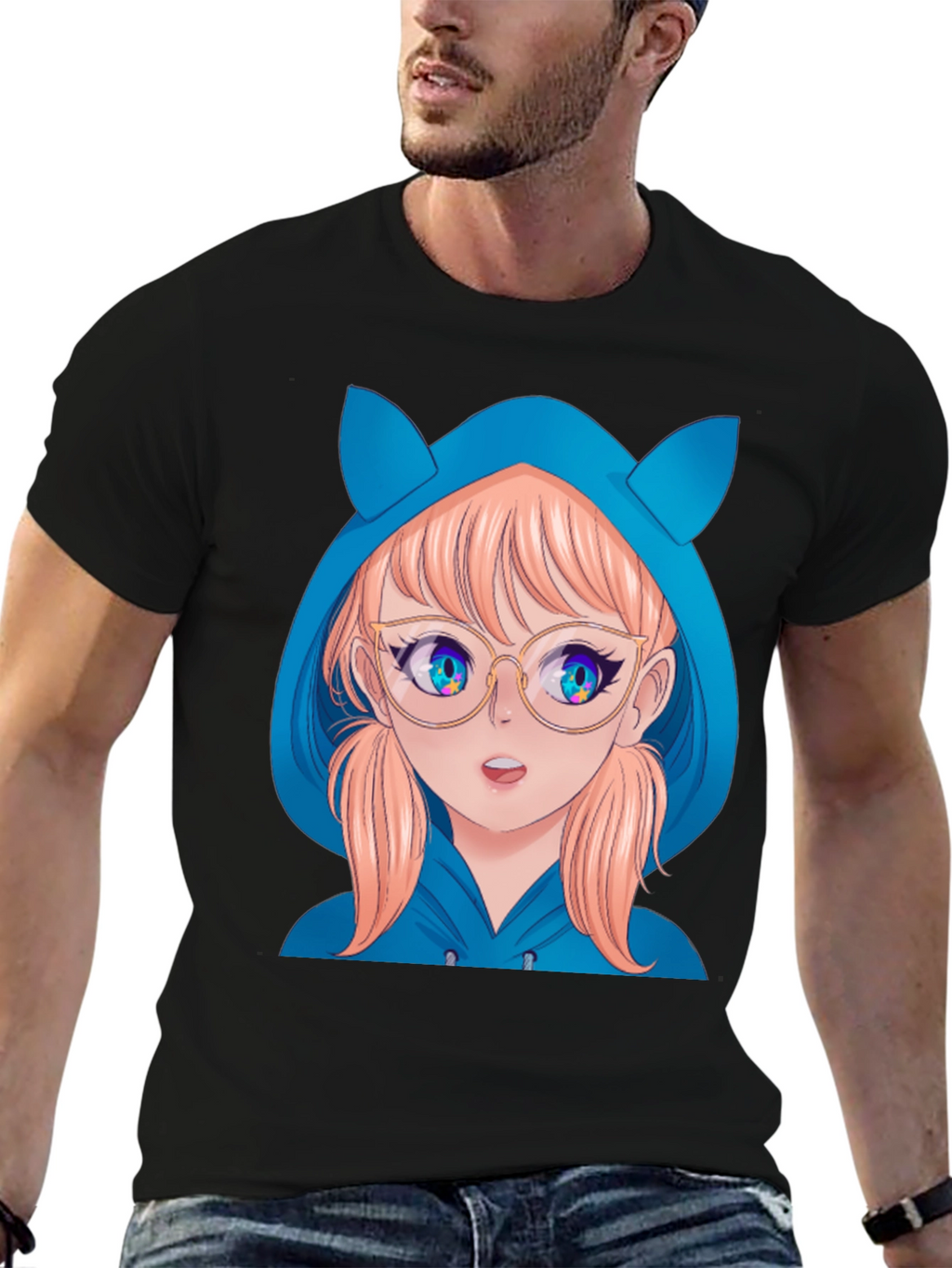 Anime Girl Hoodie T-Shirt - Black