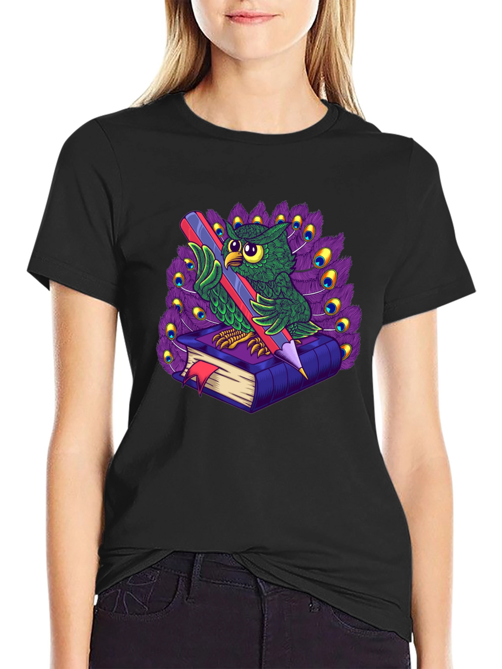 Owl with Book & Pencil Graphic T-Shirt