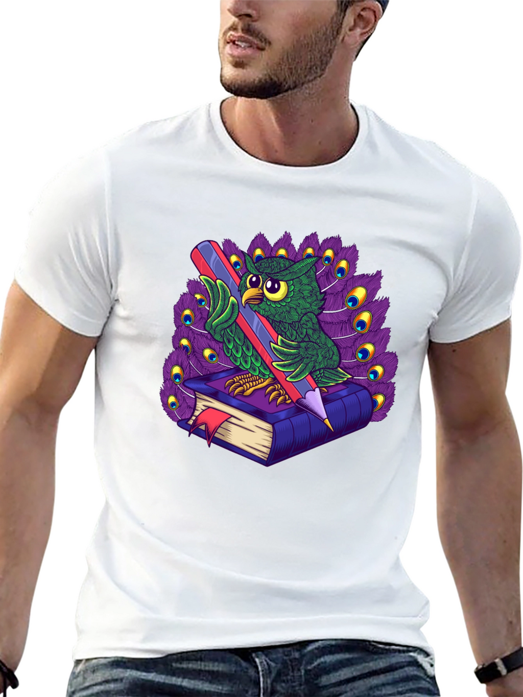 Owl with Book & Pencil Graphic T-Shirt