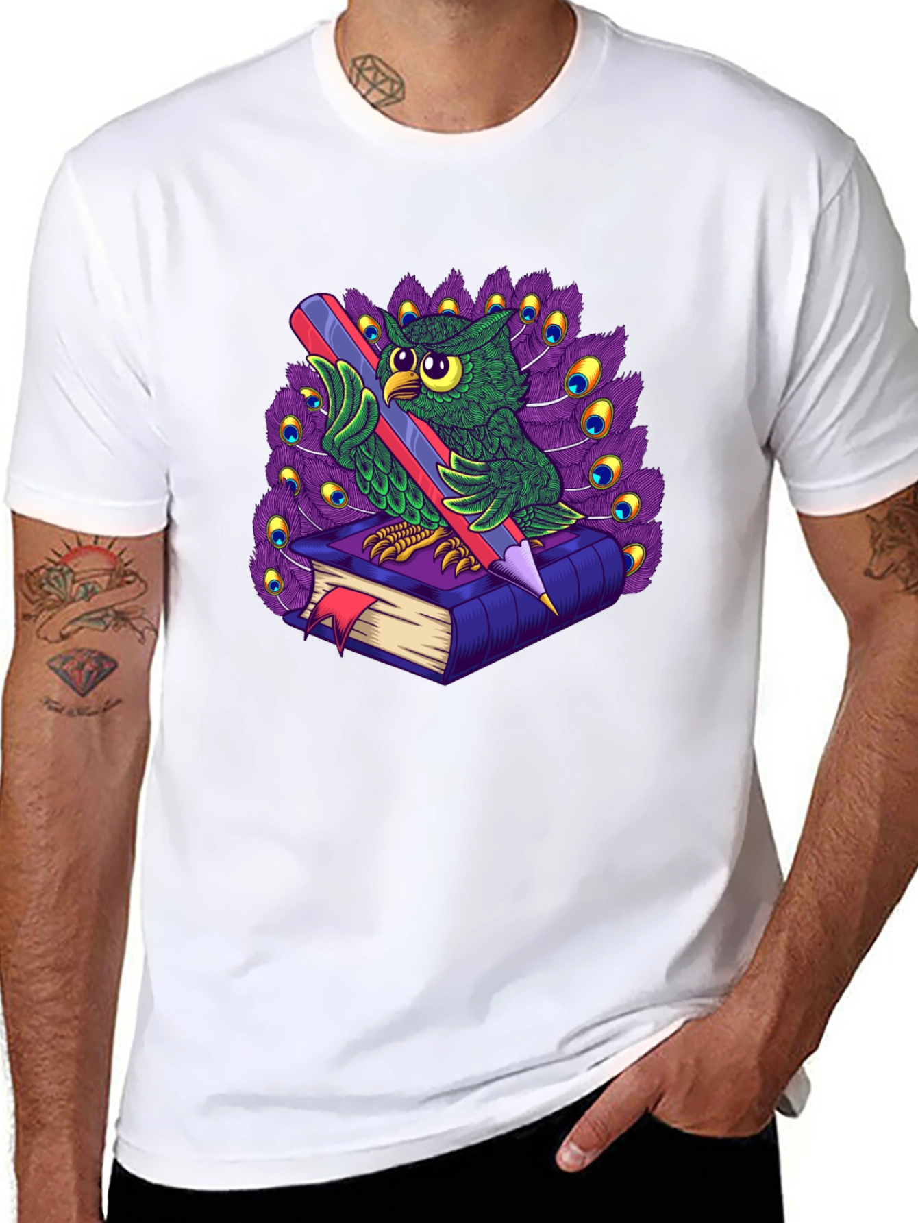 Owl with Book & Pencil Graphic T-Shirt