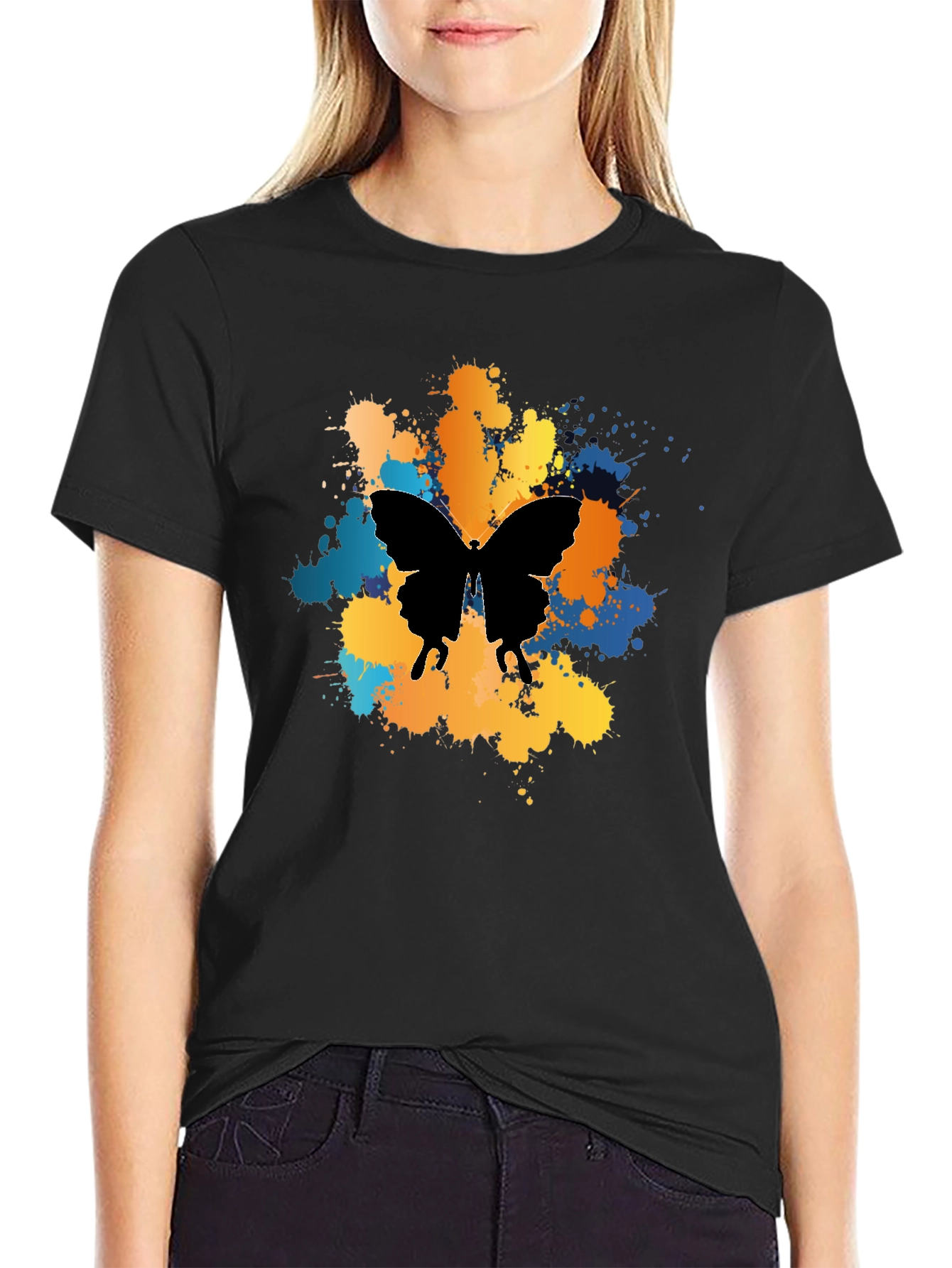 Butterfly Splatter Graphic Black T-Shirt