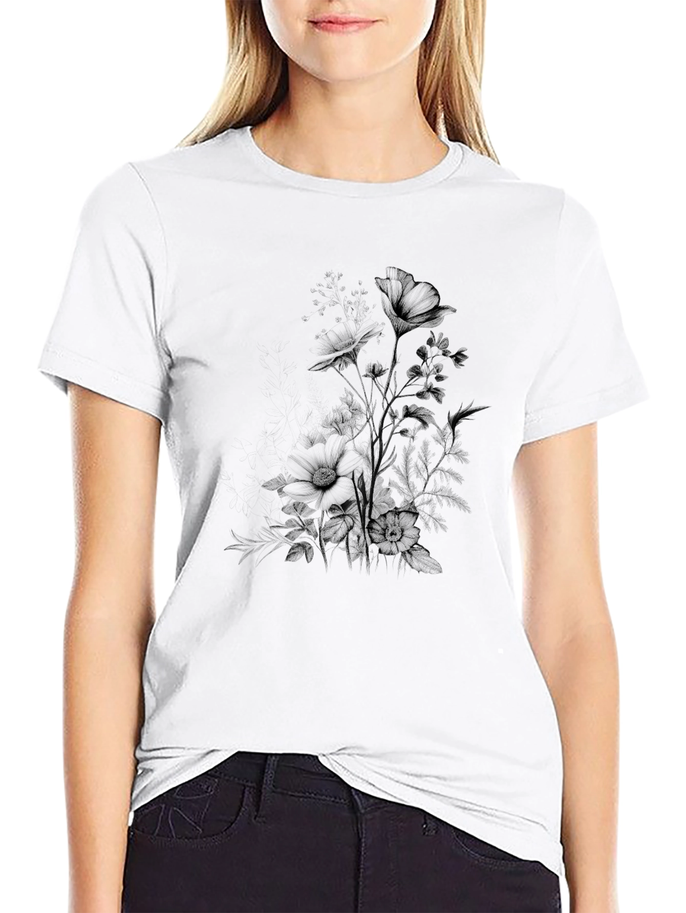 Mens Black Floral Print Crew Neck T-Shirt