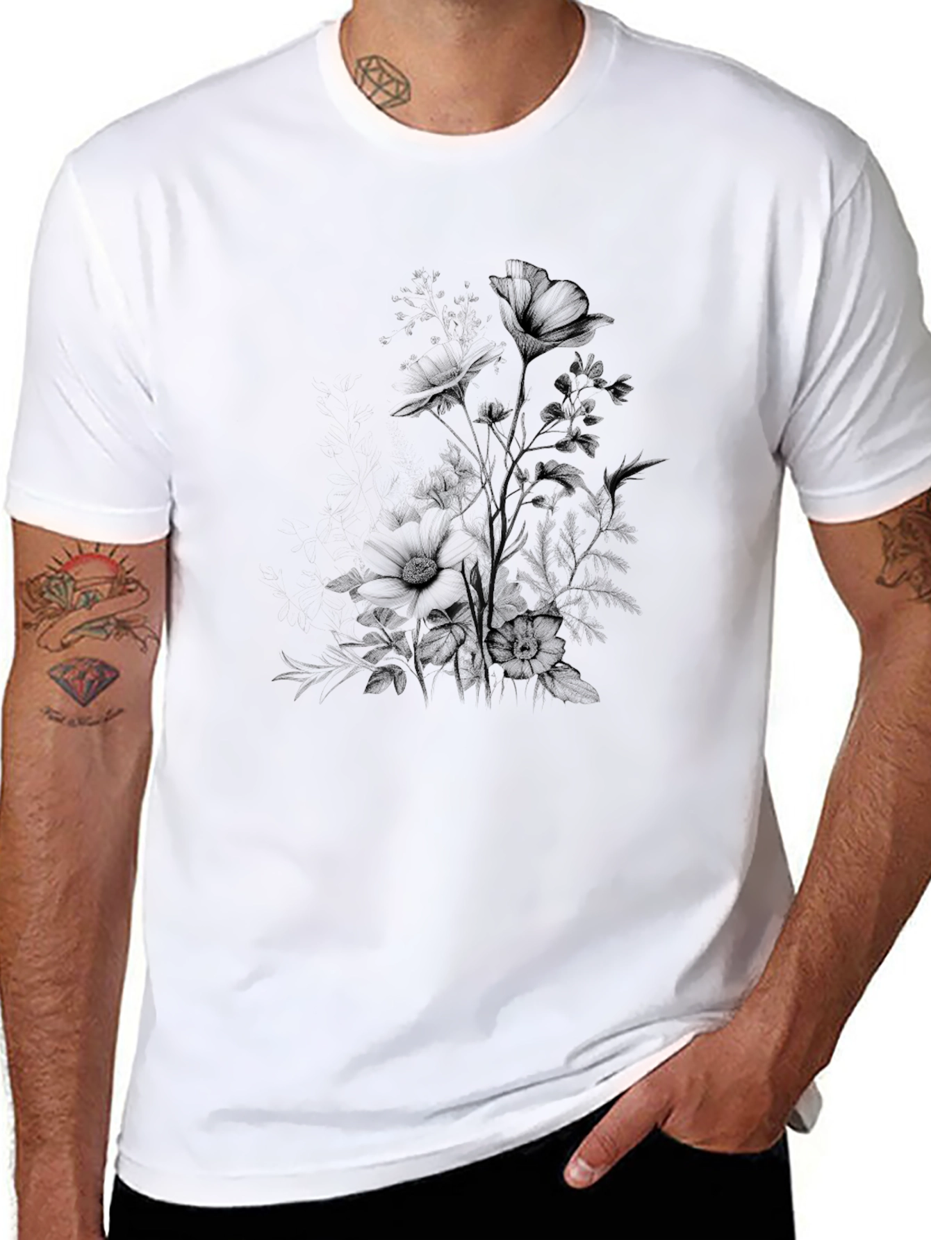 Mens Black Floral Print Crew Neck T-Shirt
