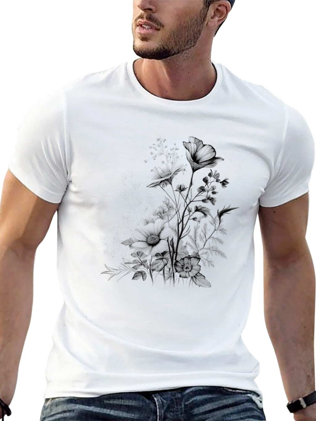 Mens Black Floral Print Crew Neck T-Shirt